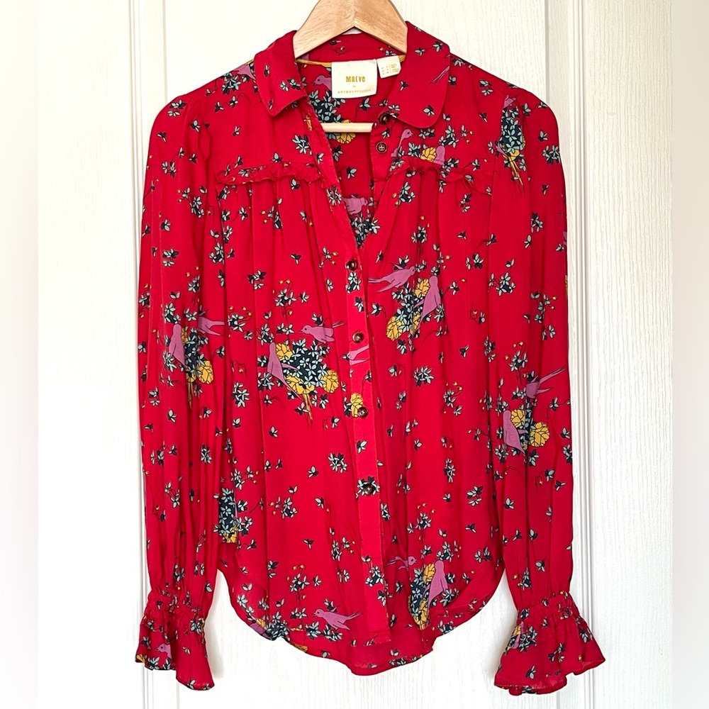 Anthropologie Maeve Fredericka Bird Floral Top Red Sz 0 Cottagecore Grandmacore - Picture 4 of 13